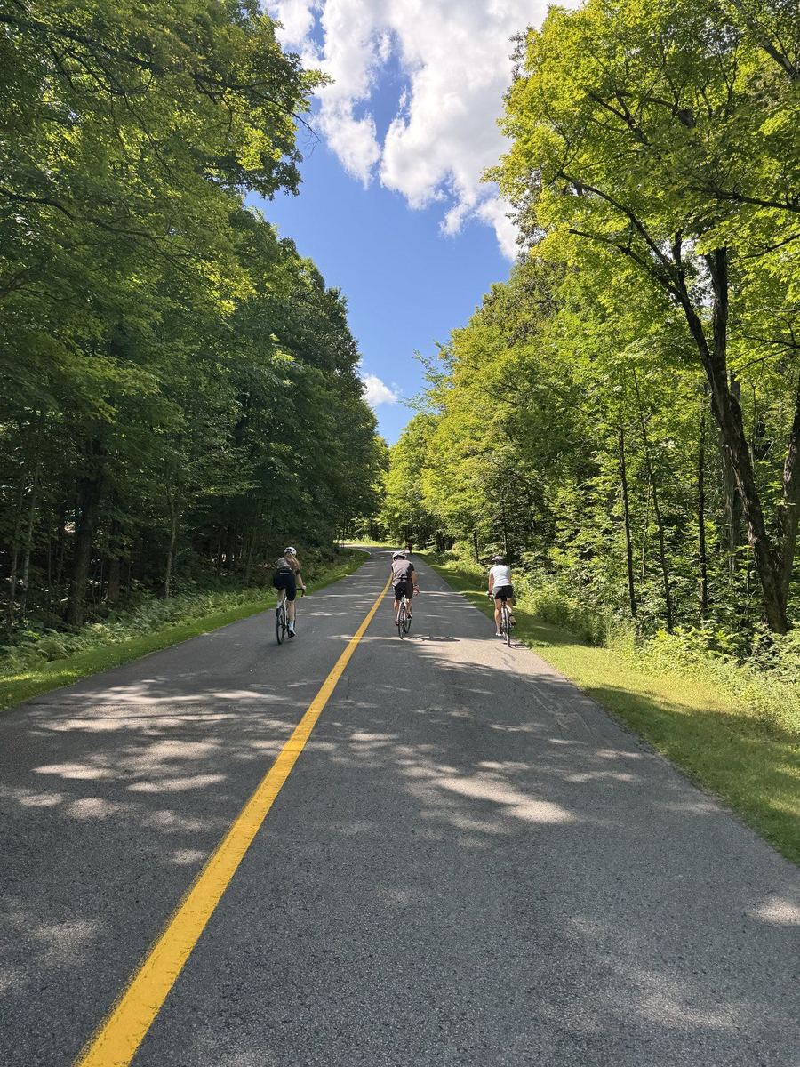 Three riders climbing a tree-lined section of the Gatineau Parkway