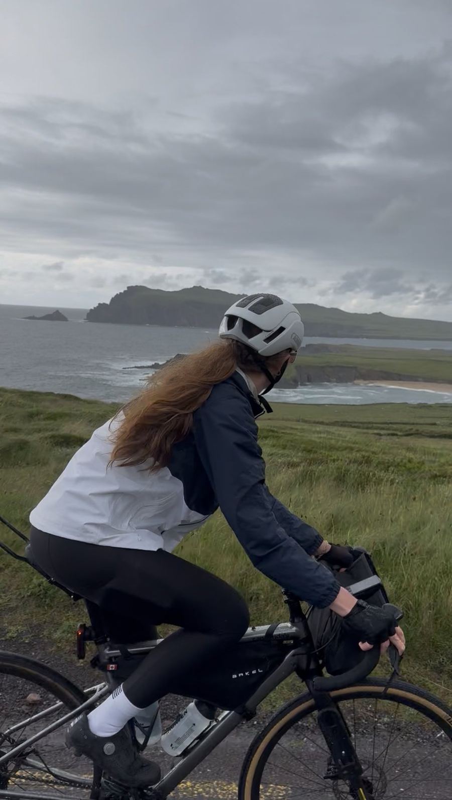 Bailey riding Slea Head with the Blasket coast behind on day eight