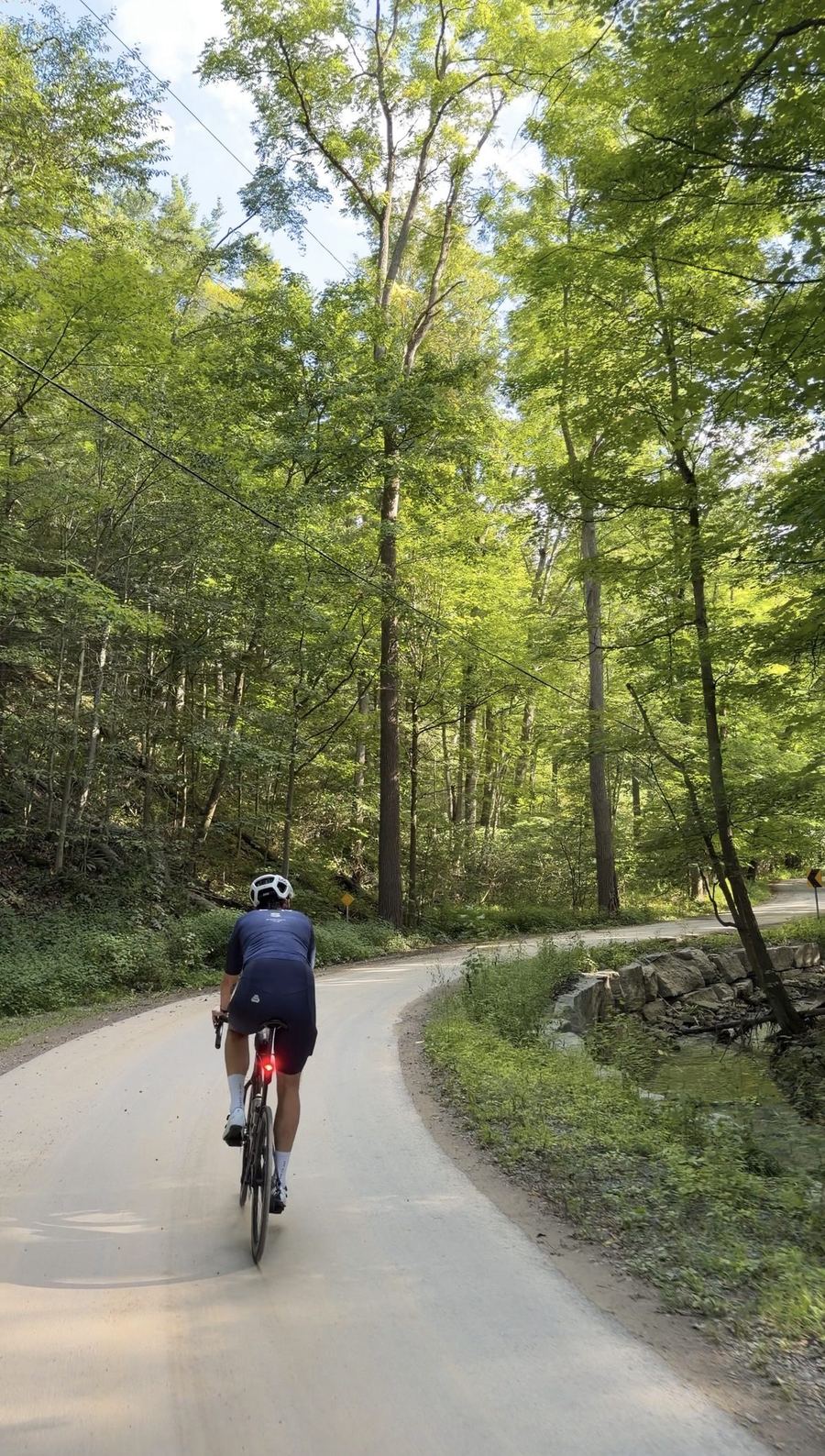 Descending the shaded valley road beside Twelve Mile Creek in Short Hills