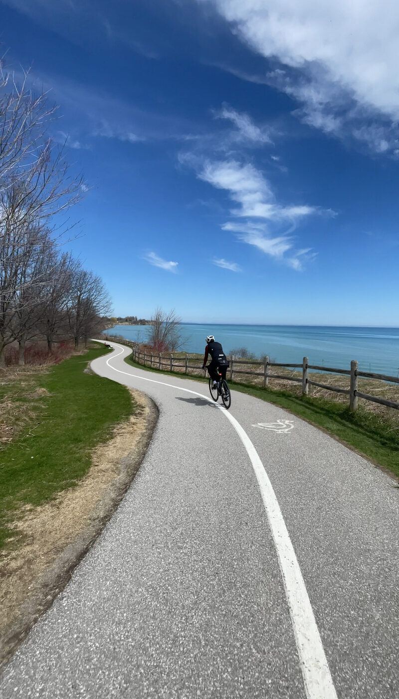 Riding the Waterfront Trail beside Lake Ontario east of Toronto