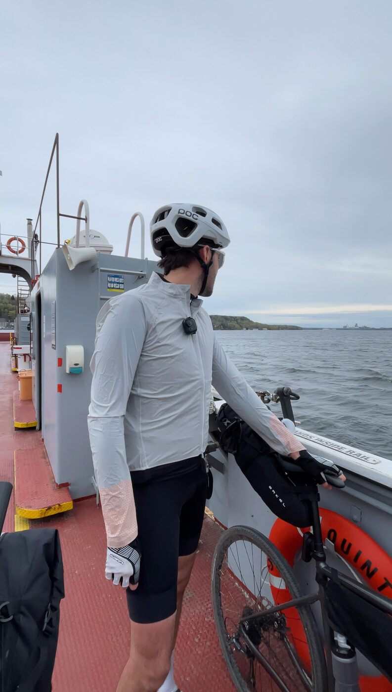 Francis with his loaded bike aboard the Glenora Ferry crossing the Bay of Quinte